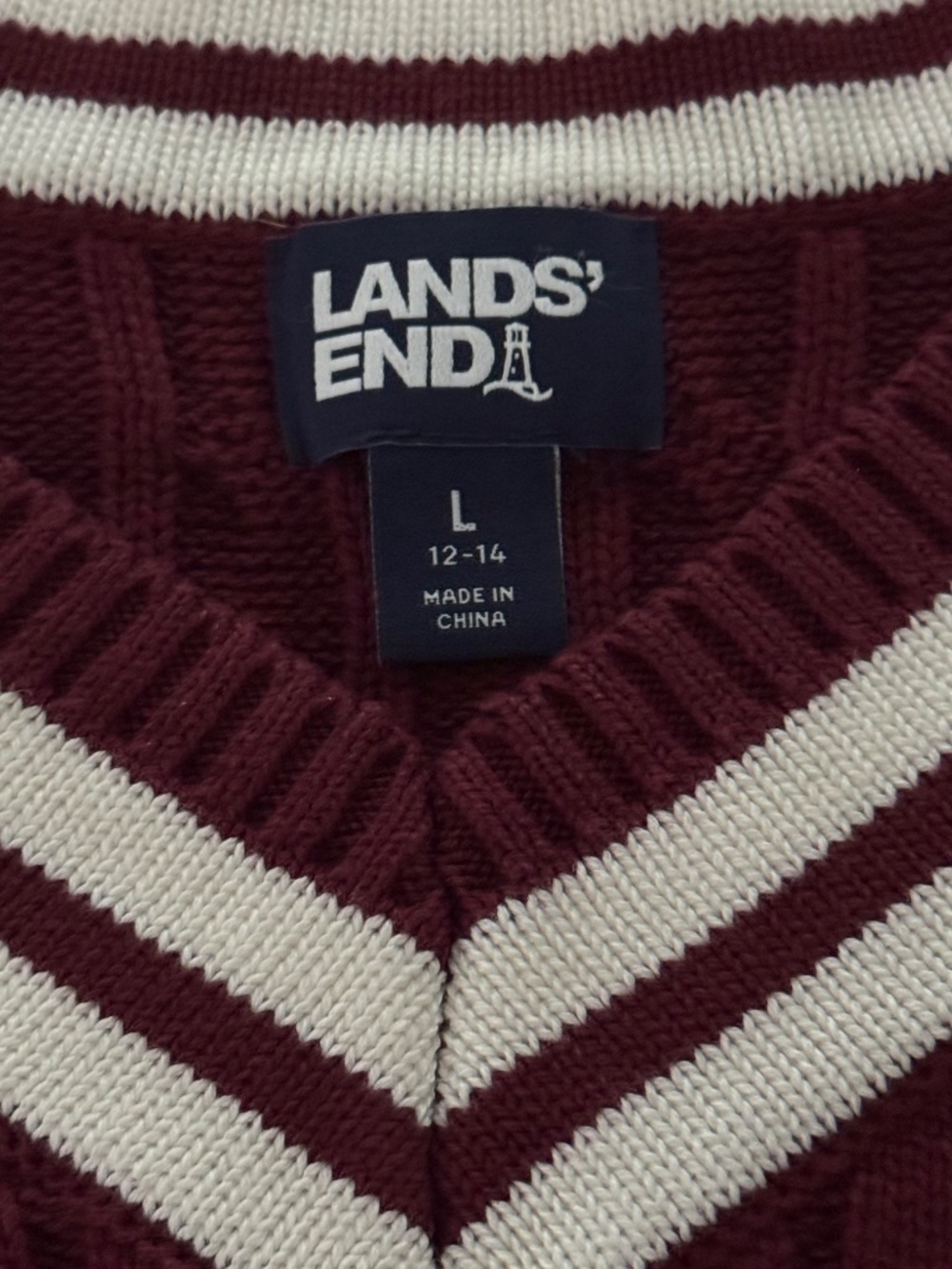 Lands End 100% Cotton Varsity Collegiate Cable Knit Sweater Burgundy SZ Large - Picture 8 of 9
